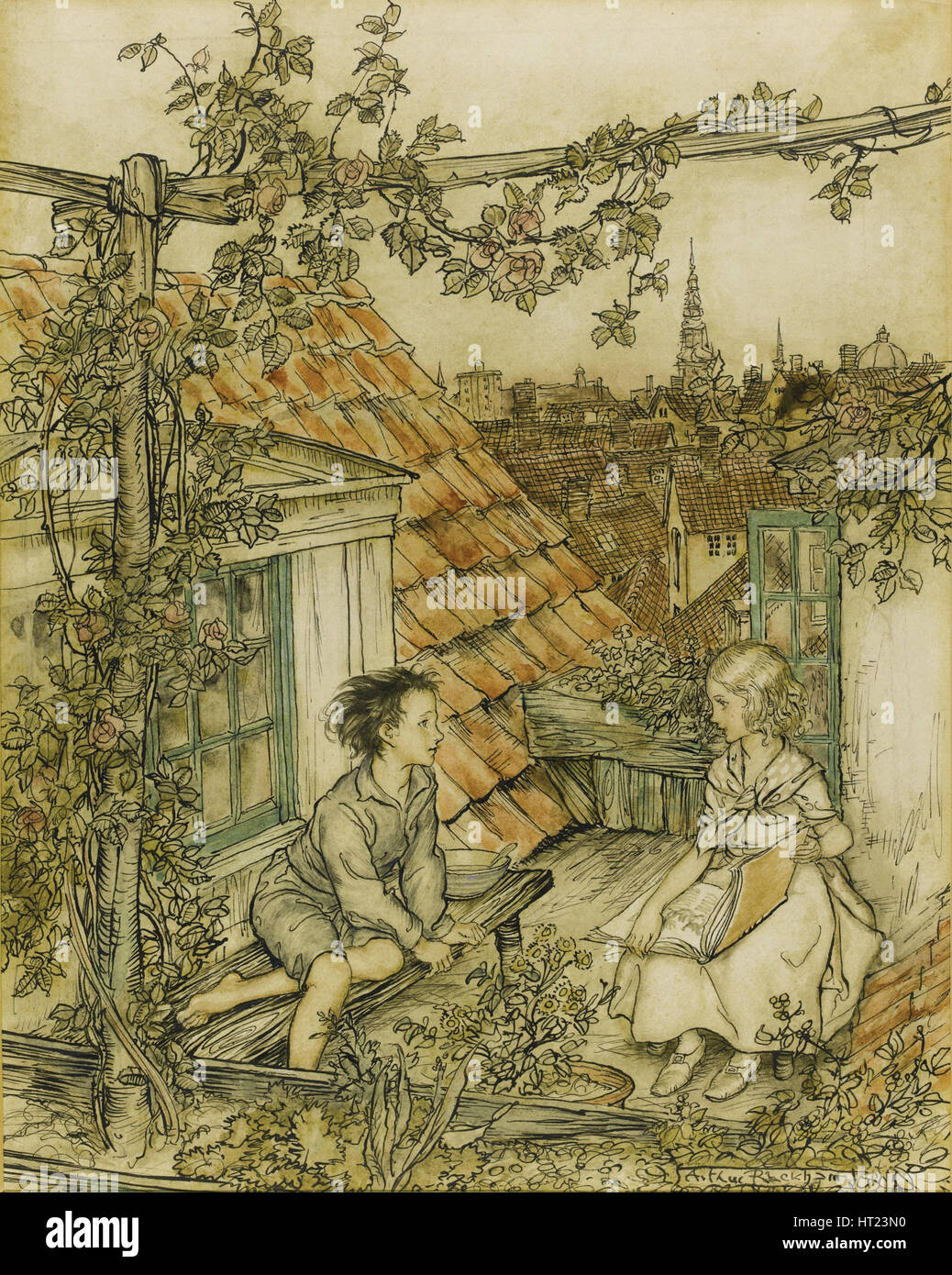 Kay and Gerda in their garden high up on the roof. Illustration for the tale of The Snow Queen, 18 Artist: Rackham, Arthur (1867-1939) Stock Photo