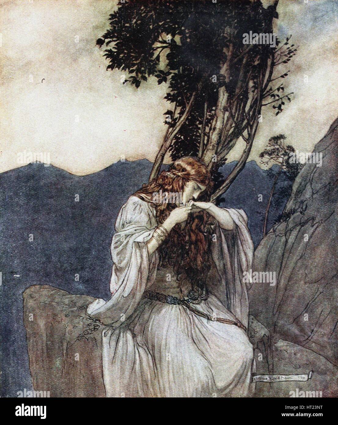 Brünnhilde kisses the ring that Siegfried has left with her. Illustration for Siegfried and The Twi Artist: Rackham, Arthur (1867-1939) Stock Photo
