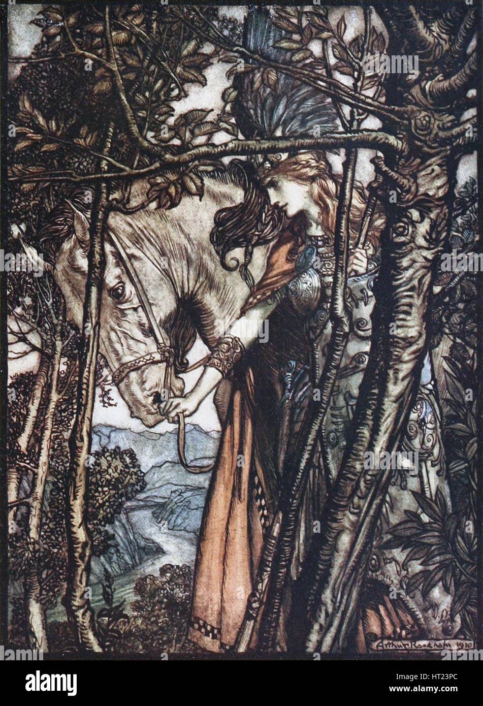 Brünnhilde leads her horse by the bridle. Illustration for The Rhinegold and The Valkyrie by Richa Artist: Rackham, Arthur (1867-1939) Stock Photo