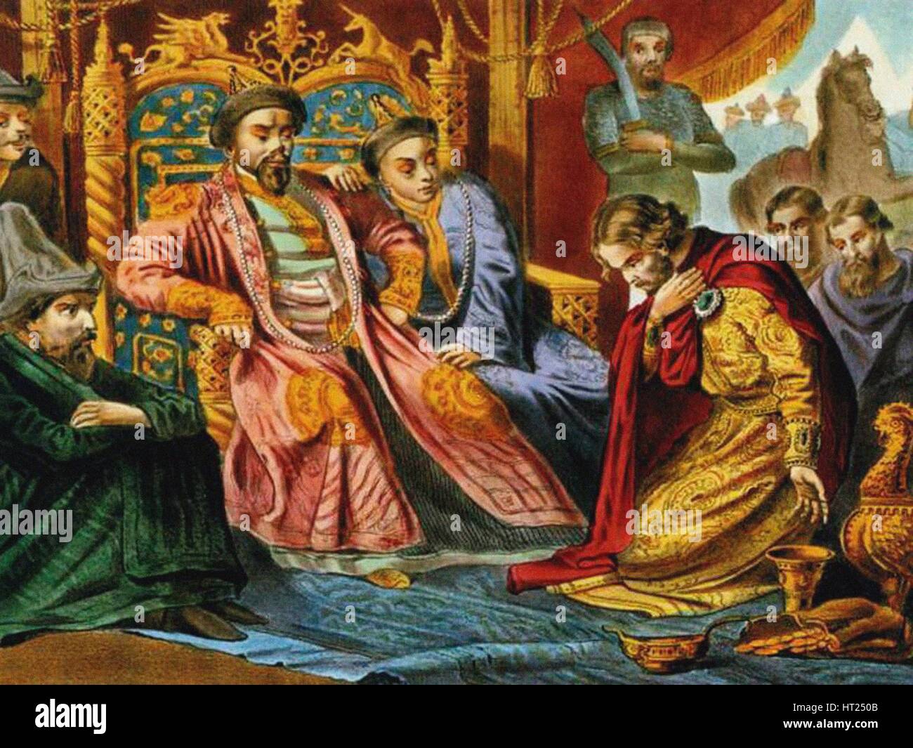 Prince Alexander Nevsky begging Batu Khan for mercy for Russia, End of 19th century. Artist: Anonymous Stock Photo