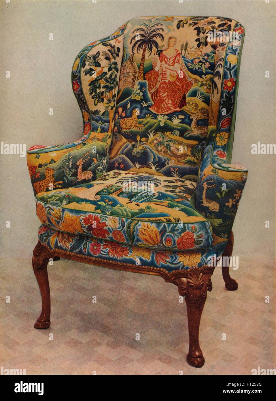 'An upholstered armchair with wings, carved walnut frame and original silk needlework covering', c17 Artist: Unknown. Stock Photo