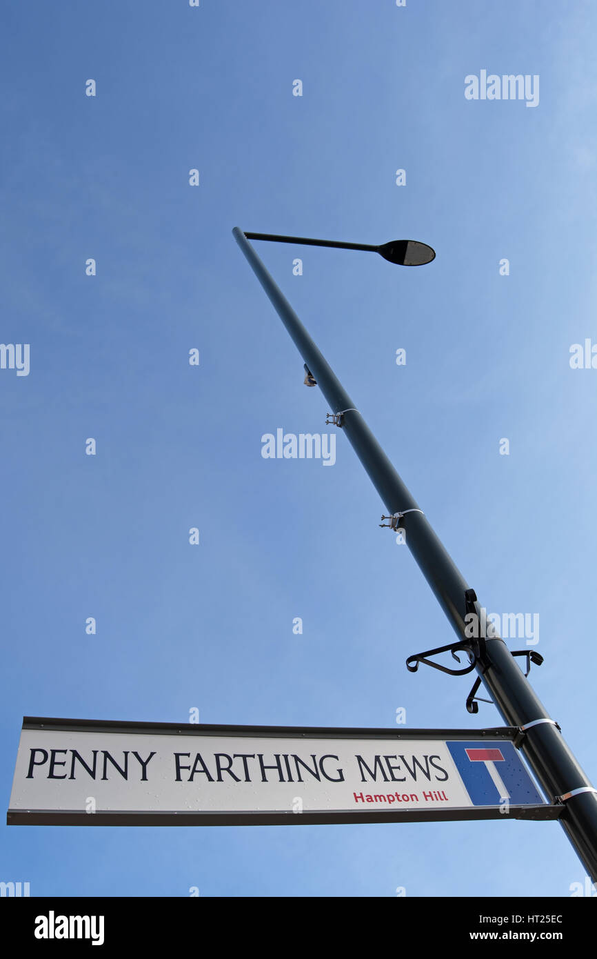 street name sign for penny farthing mews, hampton hill, middlesex, england Stock Photo