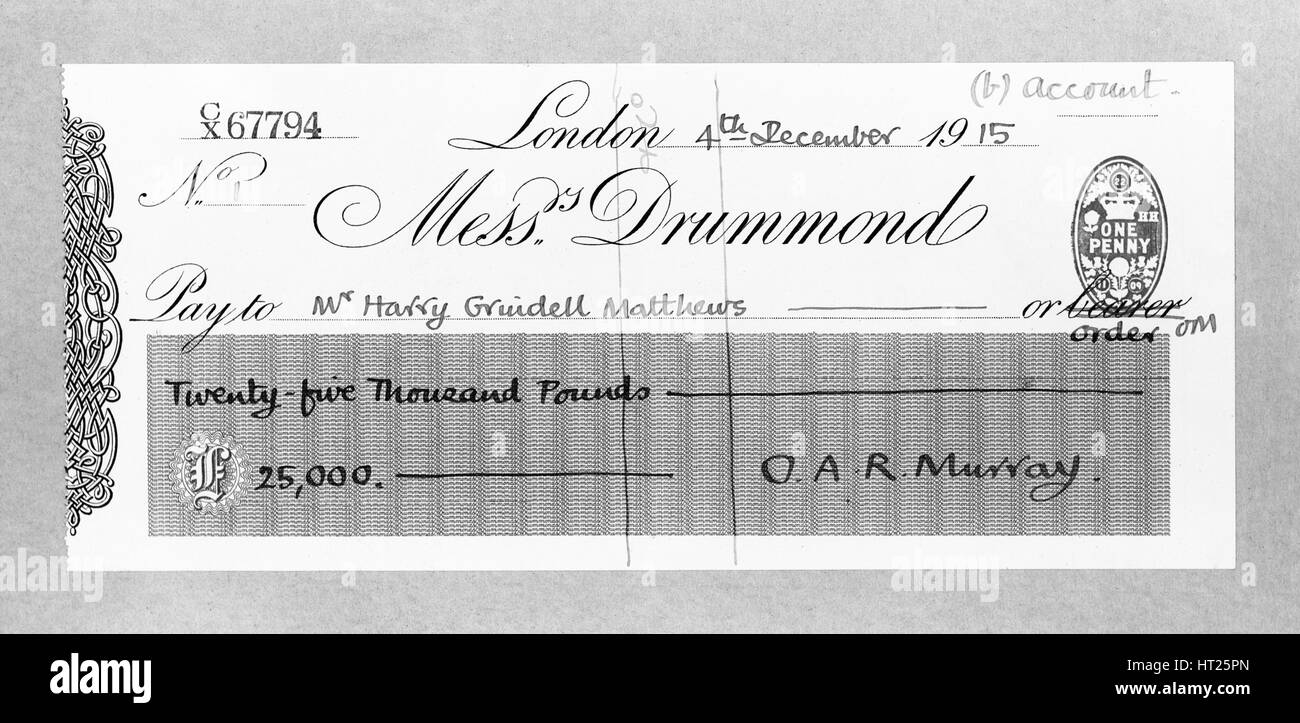 Cheque for £25,000 made payable to Mr Harry Grindell Matthews, December  1915. Artist: H Bedford Lemere Stock Photo - Alamy