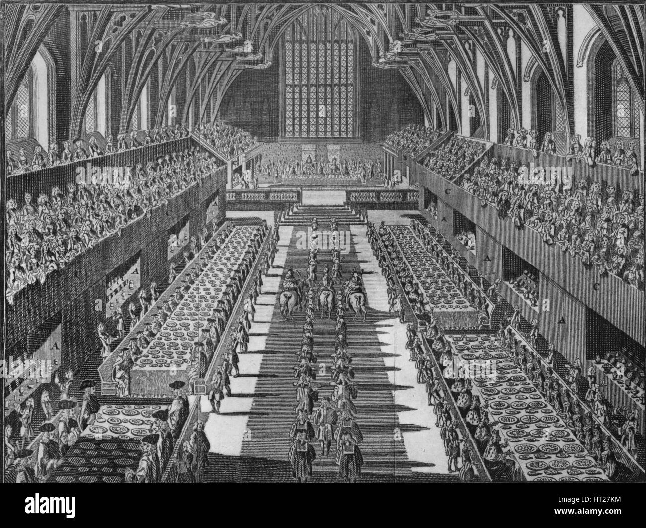 The interior of Westminster Hall at the coronation banquet of King George II, 1727 (1911). Artist: S Moore. Stock Photo