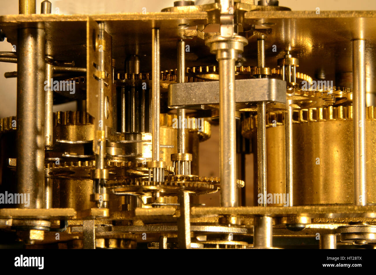 Closeup on the machinery of an old mechanic clockwork, with the
