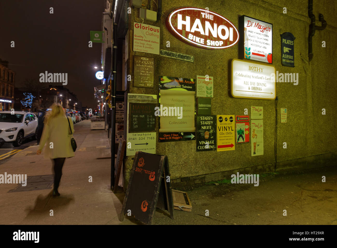 Byres Road and surrounding lanes at night Stock Photo