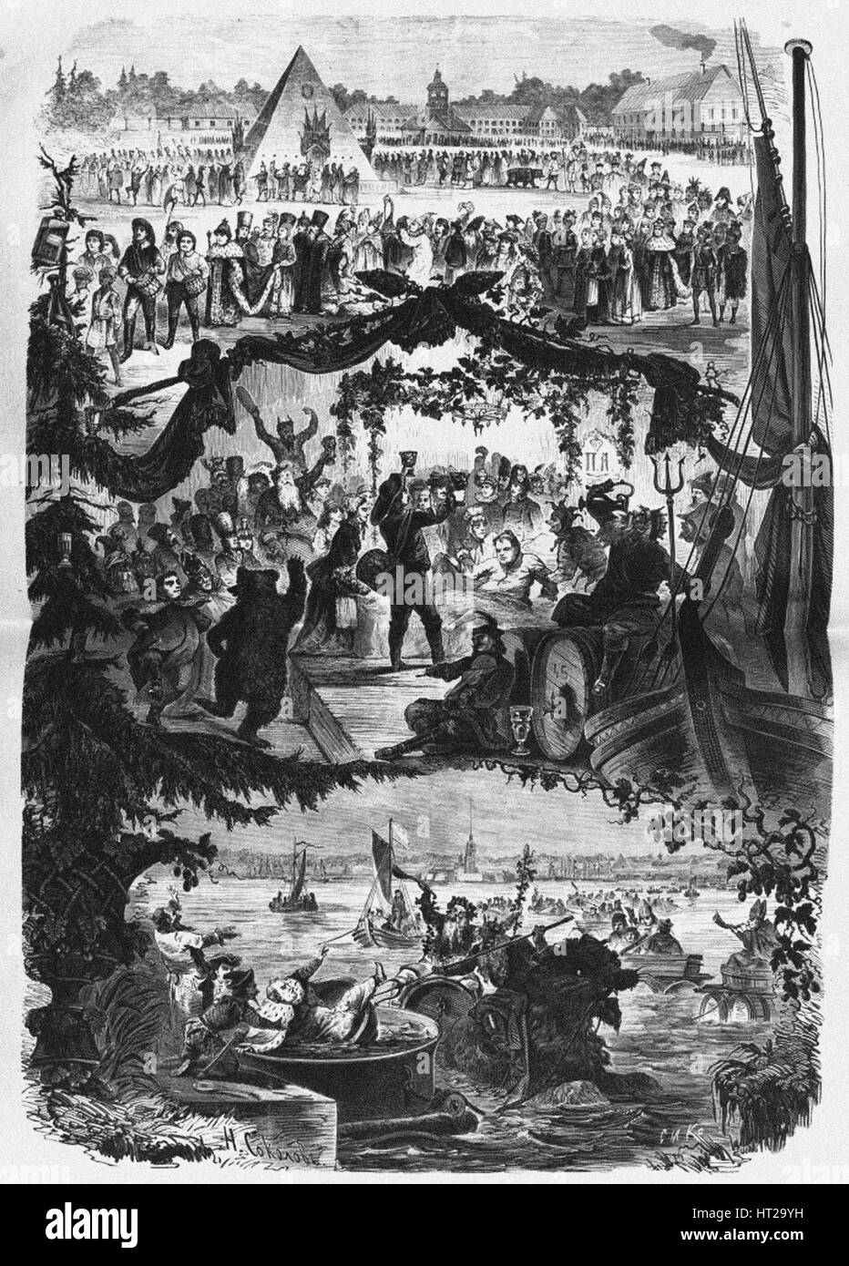 Wedding of Prince-Pope to celebrate the Peace Treaty of Nystad on 20 August 1721, 1872. Artist: Seryakov, Lavrenty Avksentyevich (1824-1881) Stock Photo