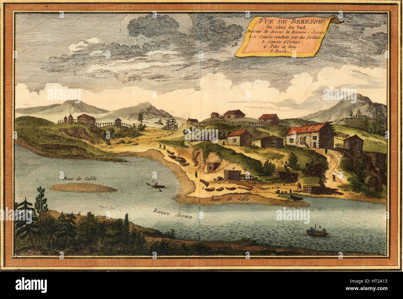 View of Beryozovo from the Sosva River, 1760. Artist: Bellin, Jacques Nicolas (1703-1772) Stock Photo