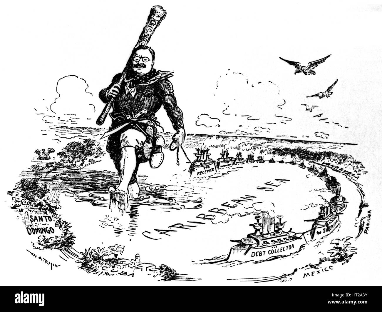 The Big Stick in the Caribbean Sea. Caricature on Theodore Roosevelt, 1904. Artist: Rogers, William Allen (1854-1931) Stock Photo