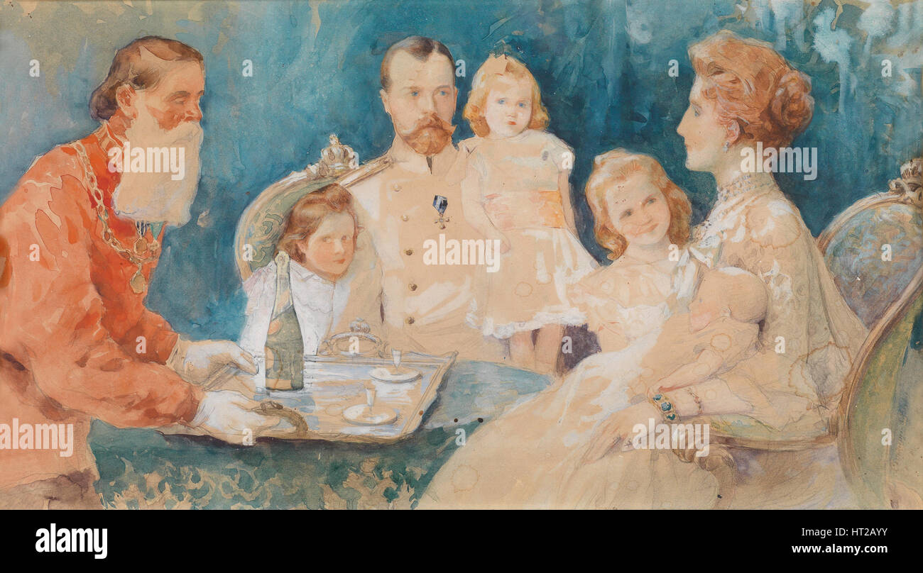 Tsar Nicholas II and Alexandra Fyodorovna with their Daughters Olga, Tatiana, Maria und Anastasia (a Artist: Samokish-Sudkovskaya, Elena Petrovna (186 Stock Photo