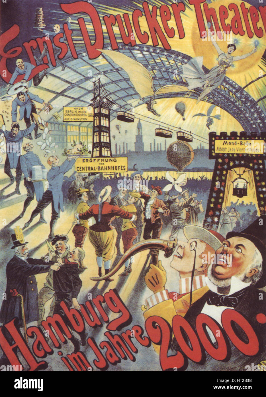 Hamburg in the Year 2000. Poster for the Ernst Drucker Theatre, 1896. Artist: Friedländer, Adolph (1851-1904) Stock Photo