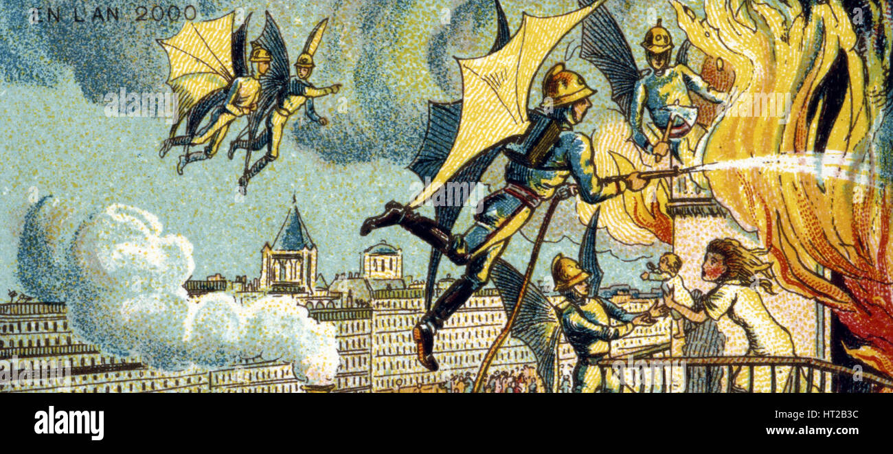 Flying Fireman. From the series Visions of the Year 2000, 1899. Artist: Côté, Jean-Marc (active End of 19th cen.) Stock Photo