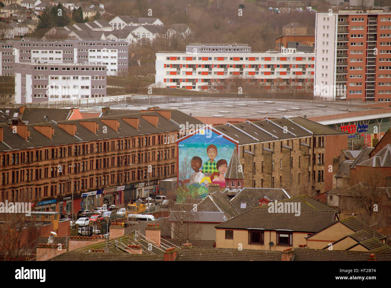 Maryhill Glasgow aerial shot with mural promoting multiculture Stock