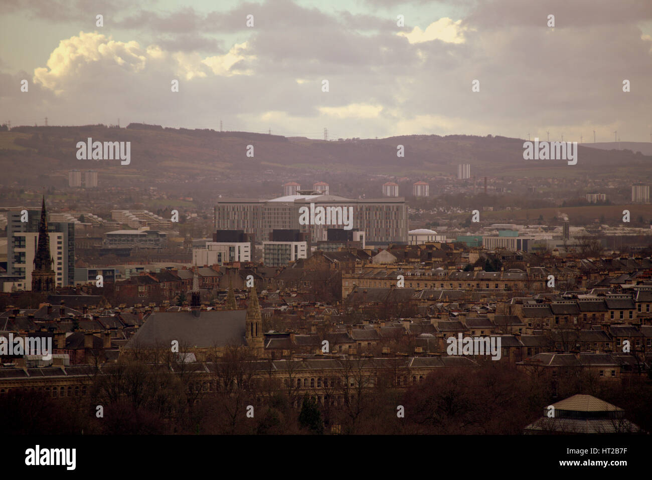 panoramic cityscape aerial view of Glasgow south tenements foreground Stock Photo