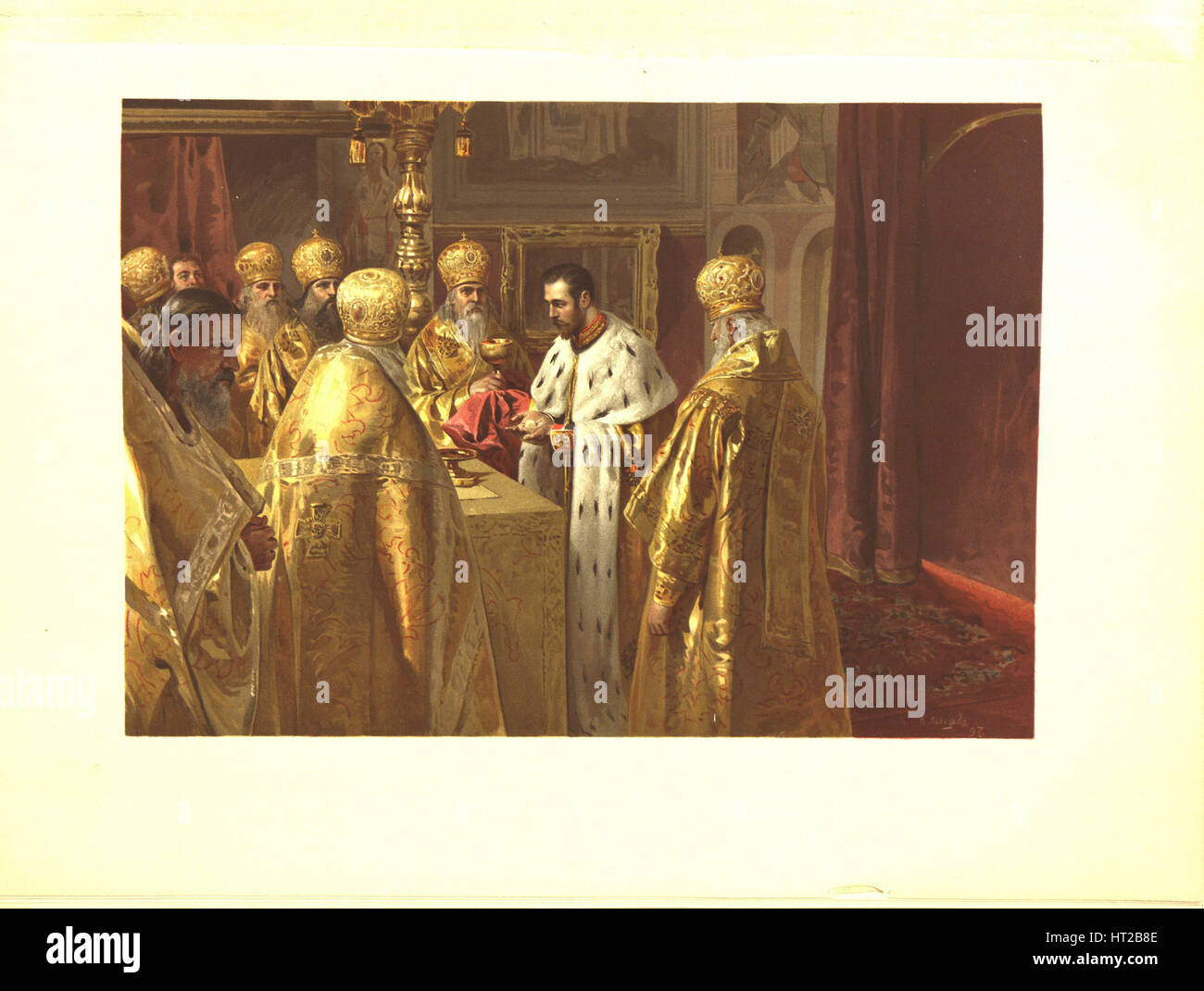 The Coronation Ceremony of Nicholas II. The Eucharist, 1899. Artist: Lebedev, Klavdi Vasilyevich (1852-1916) Stock Photo