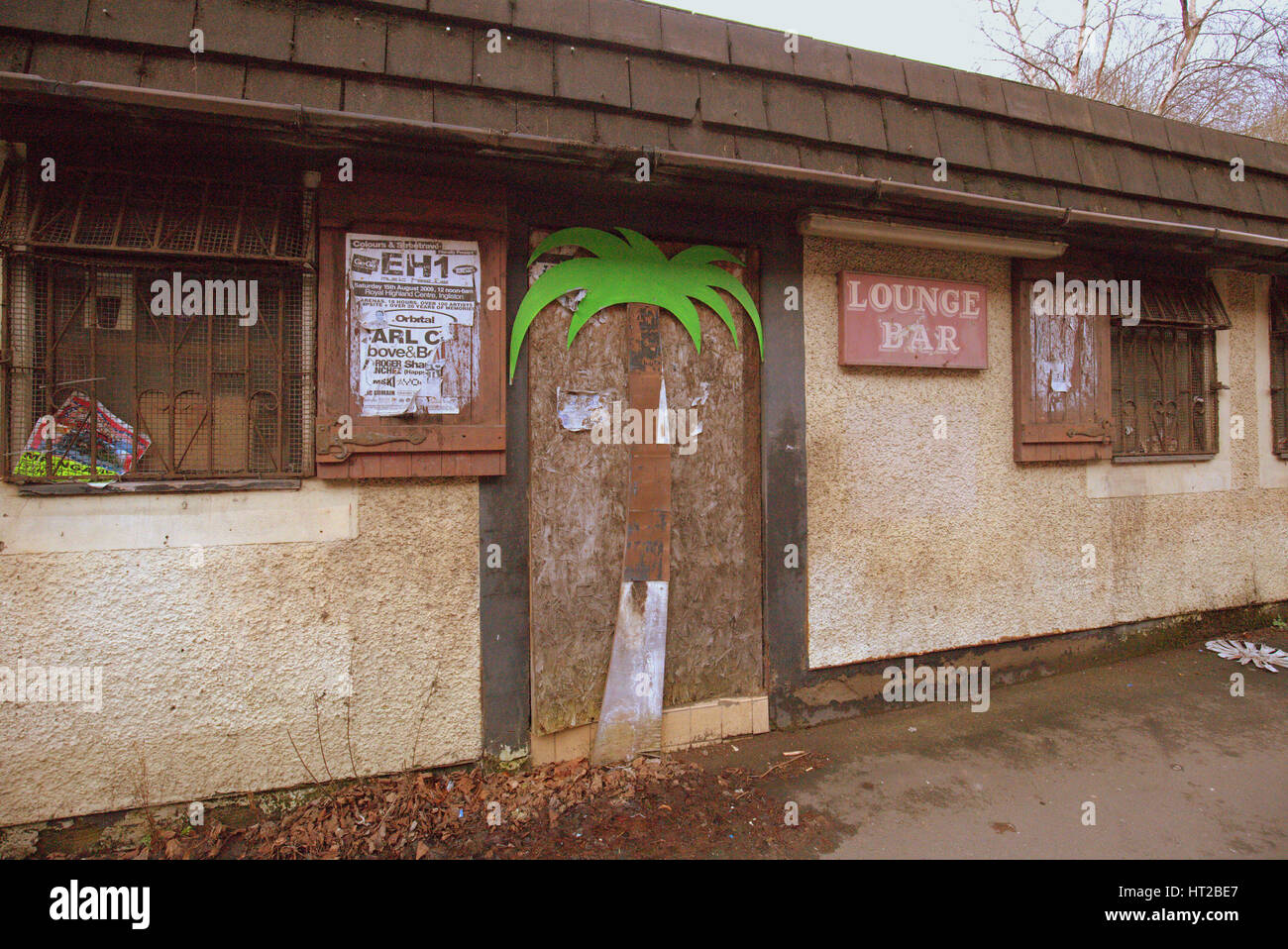 dilapidated Glasgow pub lounge bar with decorative palm tree in maryhill area Stock Photo