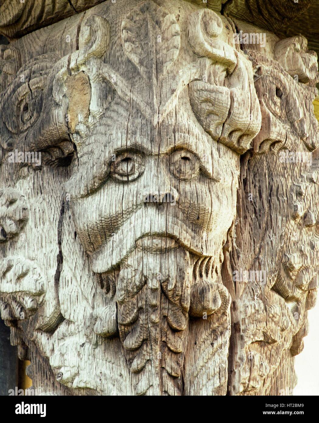 Carved head on the 17th century gatehouse corner post, Stokesay Castle, Shropshire, c2000s(?). Artist: Unknown. Stock Photo