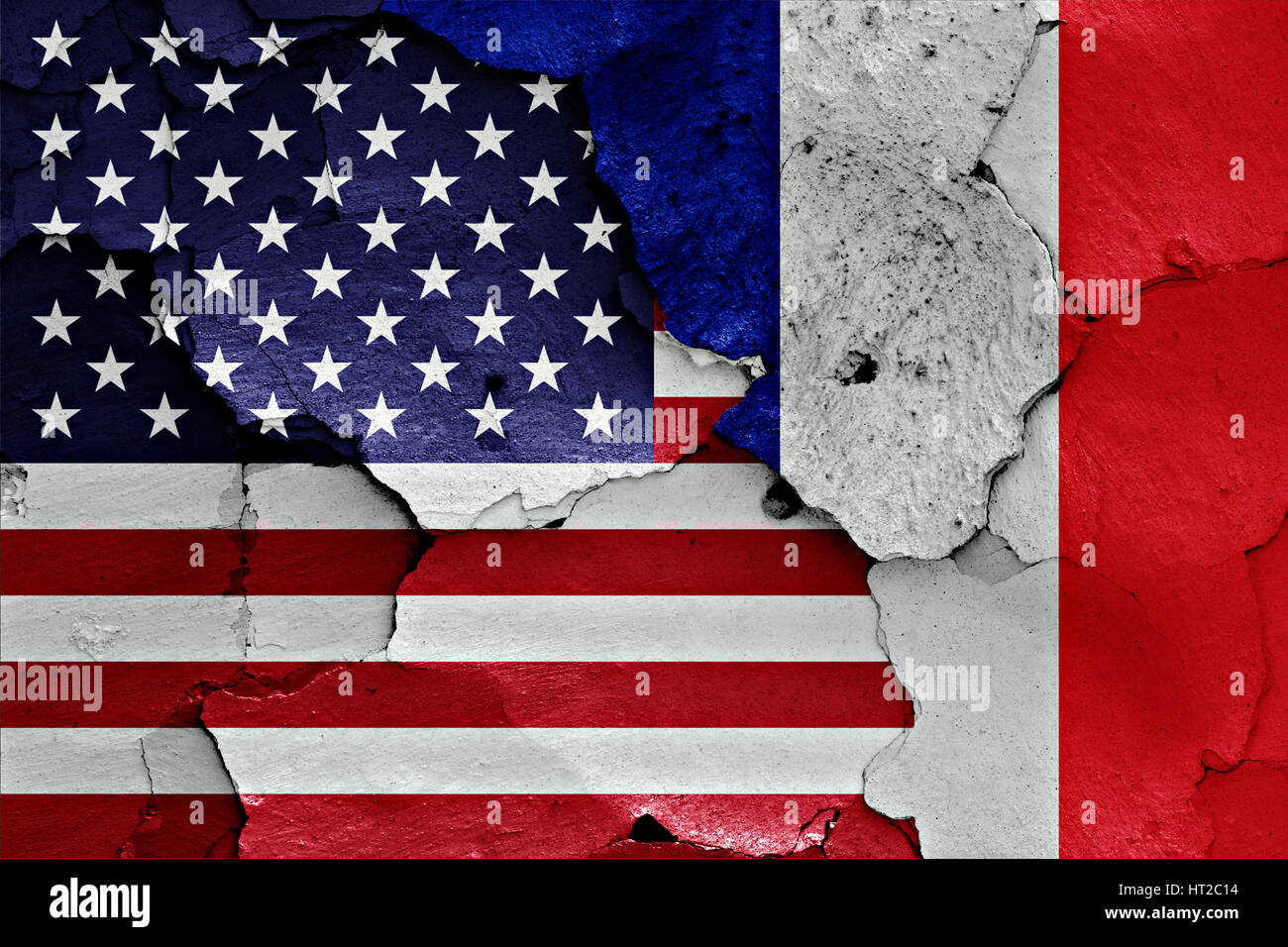 flags of USA and France painted on cracked wall Stock Photo - Alamy