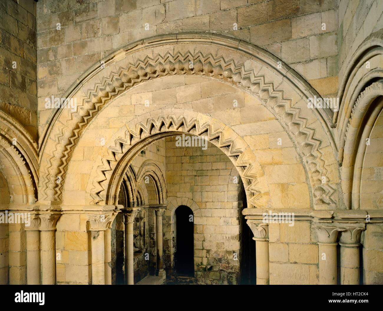Round-headed archway with chevron ornament in the lower chapel, Dover Castle, Kent, c2000s(?). Artist: Unknown. Stock Photo
