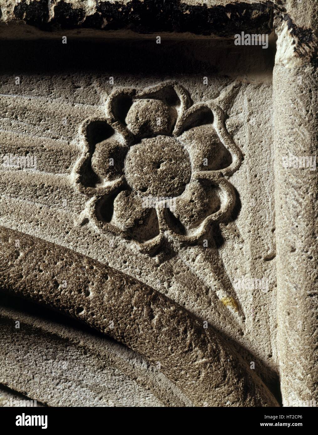 Tudor rose carved into the fireplace in the lower hall of the keep, Dover Castle, Kent, 2005. Artist: Historic England Staff Photographer. Stock Photo