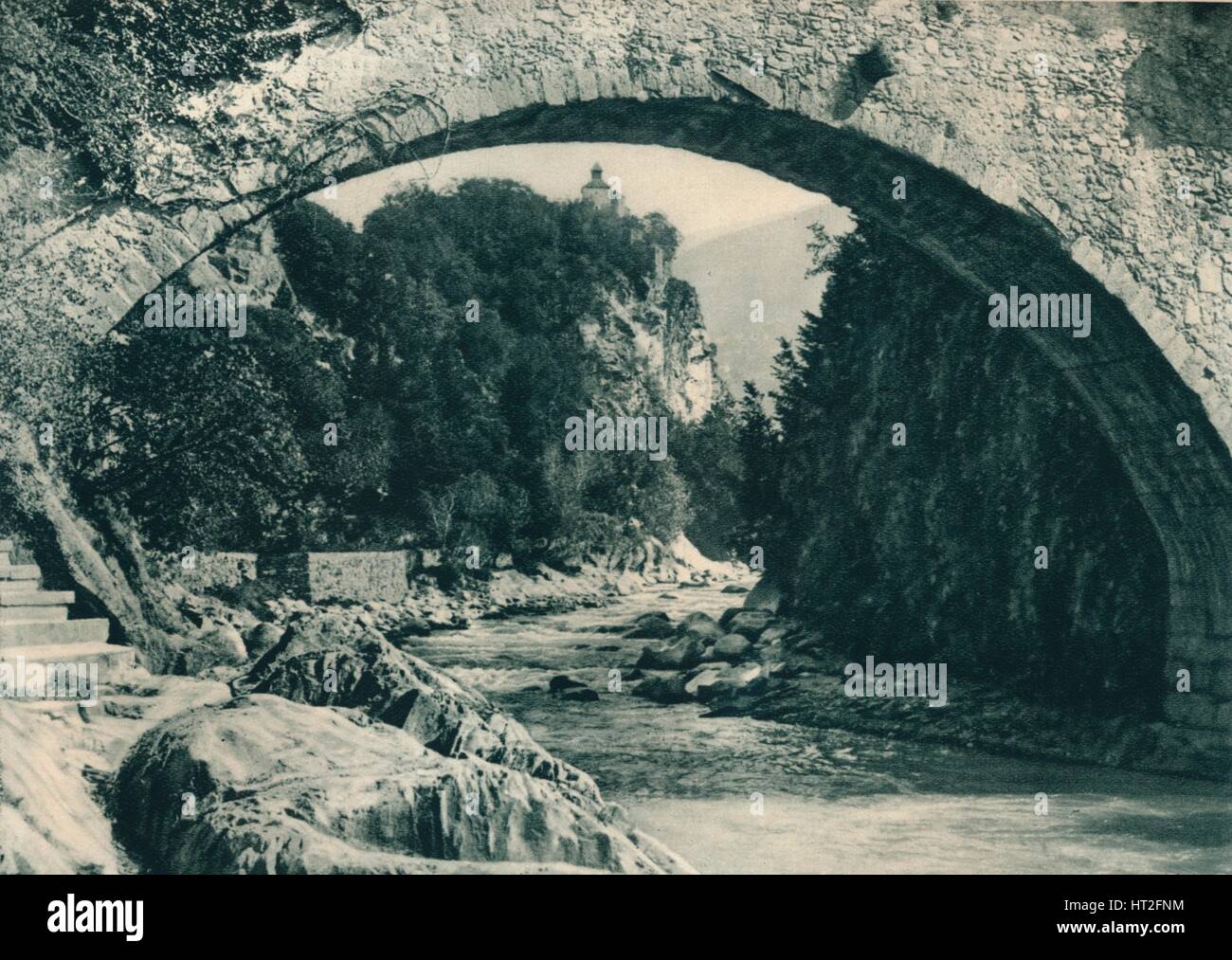 The Passer River and the Castle of Zeno, Merano, South Tyrol,  Italy, 1927. Artist: Eugen Poppel. Stock Photo