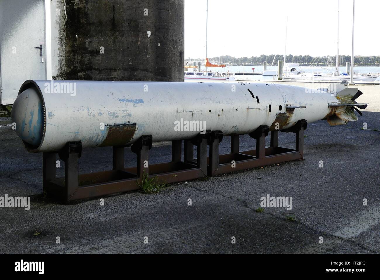 Details of German submarine torpedo used during World War II  exhibited at the previous German submarine base of Lorient, Brittany, France Stock Photo