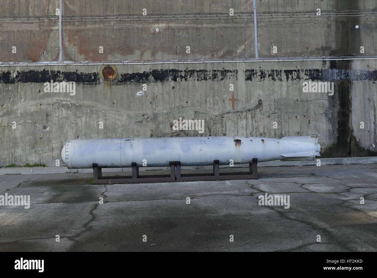 Details of German submarine torpedo used during World War II  exhibited at the previous German submarine base of Lorient, Brittany, France Stock Photo