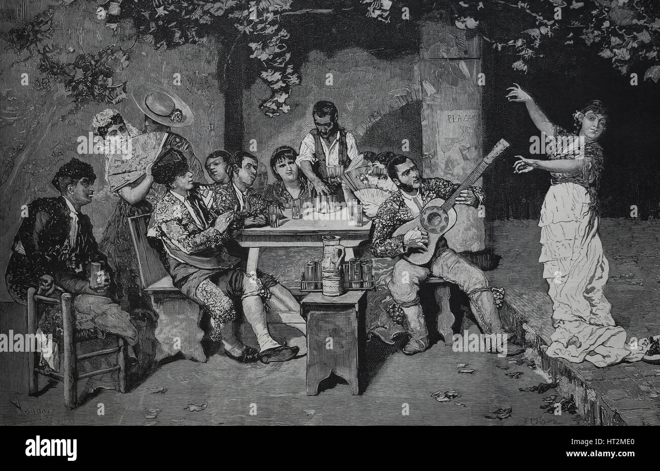 Spain. Bullfighter party. Drawing of a painting by Jose Villegas. The Spanish and American Illustratio, 1882, Spain. Stock Photo