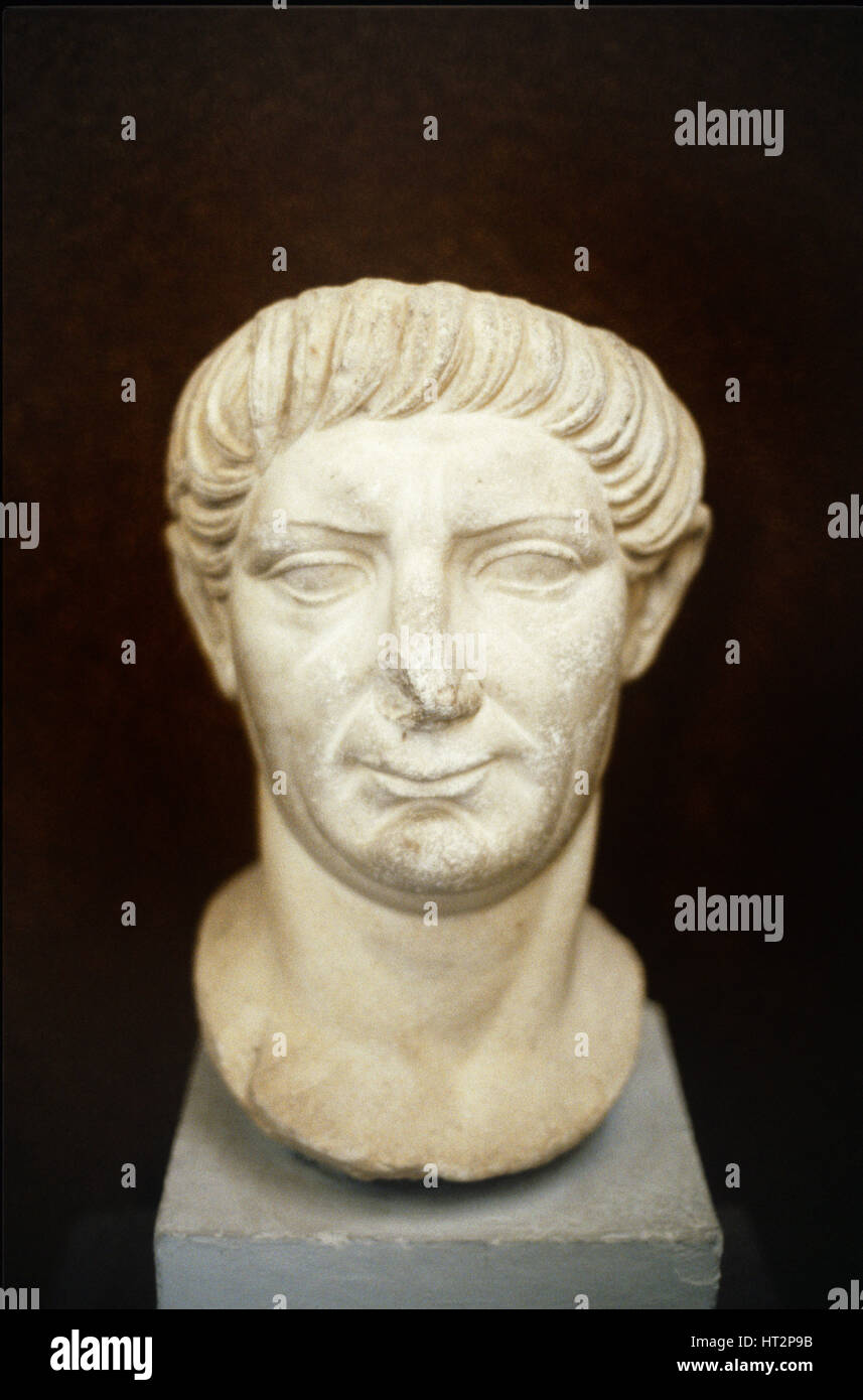 Marble Portrait or Sculpture of Roman Emperor Trajan (53-117AD) Reigned 98-117AD. From Western Turkey. Stock Photo