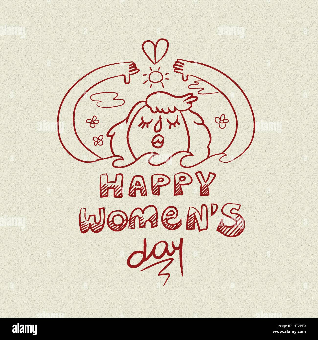 Happy international 8 march womens day celebration doodle. Concept illustration sketch, girl protecting earth environment. EPS10 vector. Stock Vector