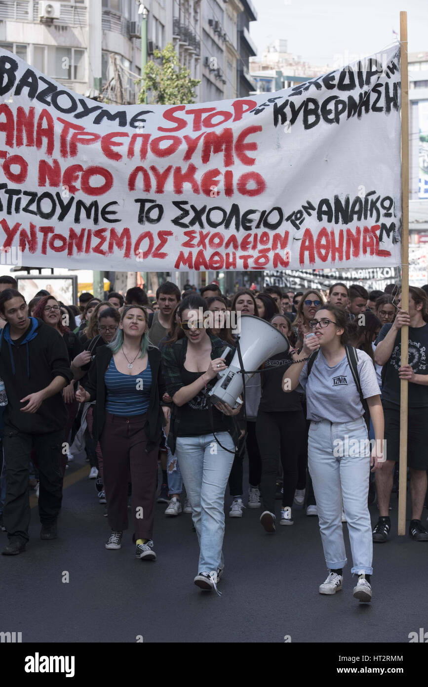Athens, Greece. 6th Mar, 2017. Students march shouting slogans against