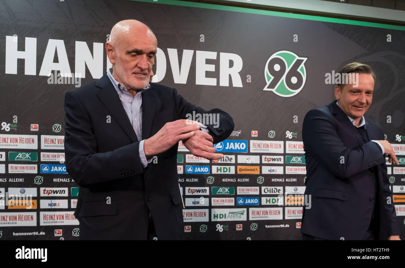 The new Hanover 96 sports director Horst Heldt (R) and the team's president Martin Kindl in the HDI Arena in Hanover, Germany, 06 March 2017. Photo: Peter Steffen/dpa Stock Photo
