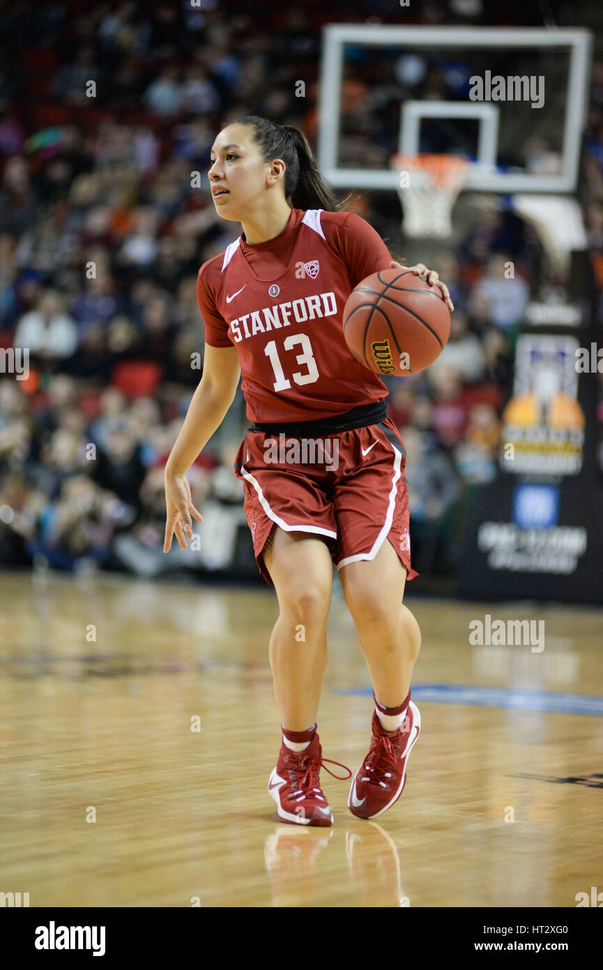 Seattle, WA, USA. 5th Mar, 2017. Stanford's Marta Sniezek (13) in action during the PAC12 women's tournament final between the Oregon State Beavers and the Stanford Cardinal. The game was played at Key Arena in Seattle, WA. Jeff Halstead/CSM/Alamy Live News Stock Photo