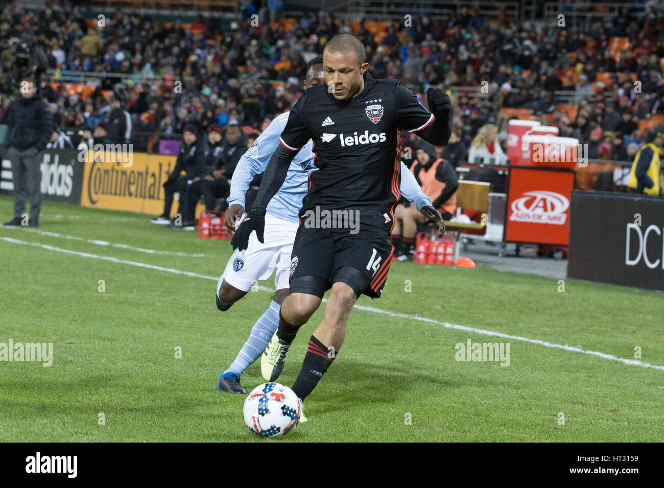 D.C. United midfielder Nick DeLeon (14) during D.C. United's home opener against Sporting Kansas City which finished 0-0 at RFK Stadium in Washington, D.C. on Saturday March 4, 2017. Stock Photo