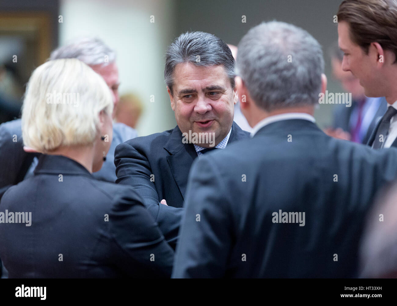 March 6, 2017 - Brussels, Belgium: German Minister of Foreign Affairs Sigmar Gabriel (Front) is talking with counterpart during an EU Defense and foreign affairs Ministers meeting in the Europa building, the EU Council headquarter. - NO WIRE SERVICE- Photo: Thierry Monasse/dpa Photo: Thierry Monasse/dpa Stock Photo