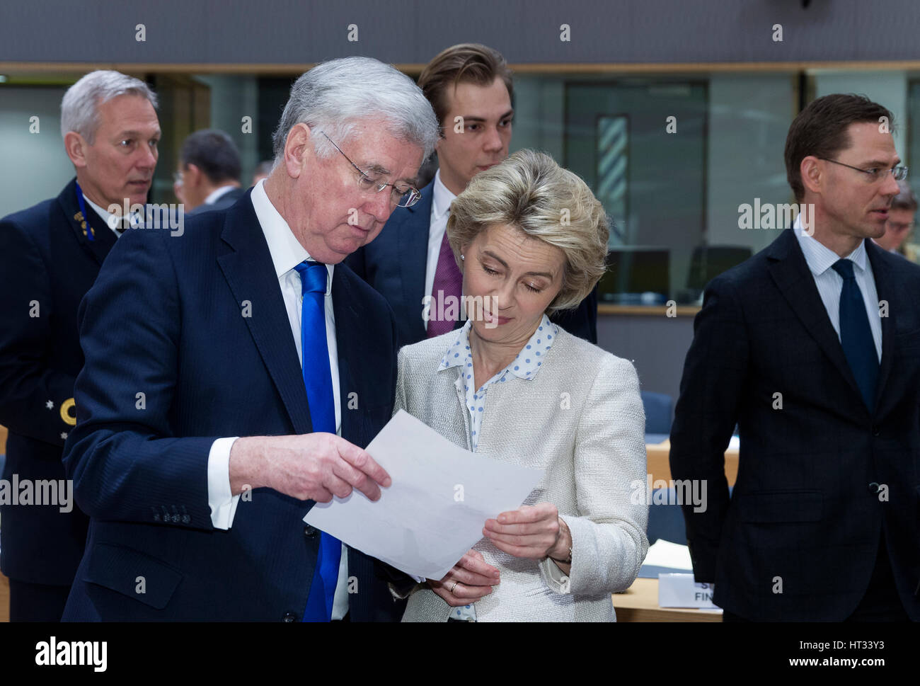March 6, 2017 - Brussels, Belgium: United Kingdom Secretary of State for Defense Sir Michael Fallon (L) is talking with the German Minister of Defense Ursula Gertrud von der Leyen (R) during an EU Defense and foreign affairs Ministers meeting in the Europa building, the EU Council headquarter. - NO WIRE SERVICE- Photo: Thierry Monasse/dpa Photo: Thierry Monasse/dpa Stock Photo