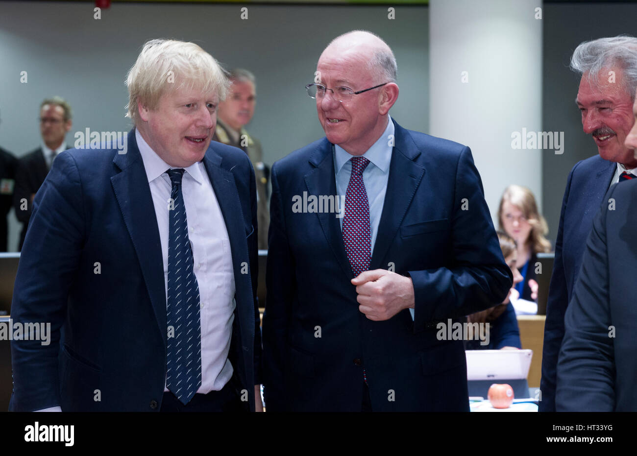 March 6, 2017 - Brussels, Belgium: British Secretary of State for Foreign & Commonwealth Affairs Boris Johnson (L) is talking with the Irish Minister for Foreign Affairs & Trade Charles Flanagan (R) during an EU Defense and foreign affairs Ministers meeting in the Europa building, the EU Council headquarter. - NO WIRE SERVICE- Photo: Thierry Monasse/dpa Photo: Thierry Monasse/dpa Stock Photo