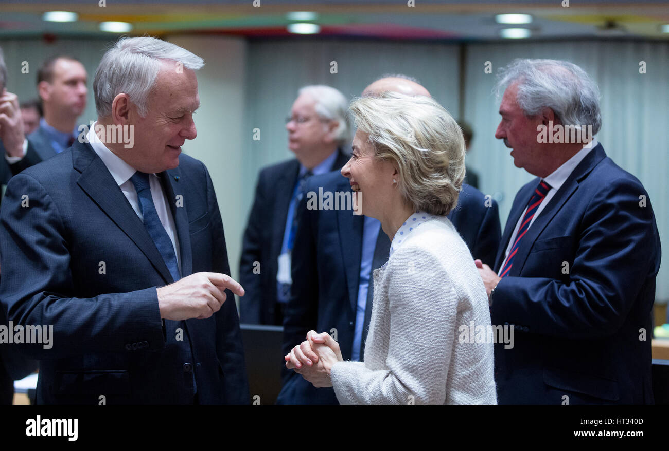 March 6, 2017 - Brussels, Belgium: French Minister of Foreign Affairs & International Development Jean-Marc Ayrault (L) is talking with the German Minister of Defense Ursula Gertrud von der Leyen (R) during an EU Defense and foreign affairs Ministers meeting in the Europa building, the EU Council headquarter. - NO WIRE SERVICE- Photo: Thierry Monasse/dpa Photo: Thierry Monasse/dpa Stock Photo