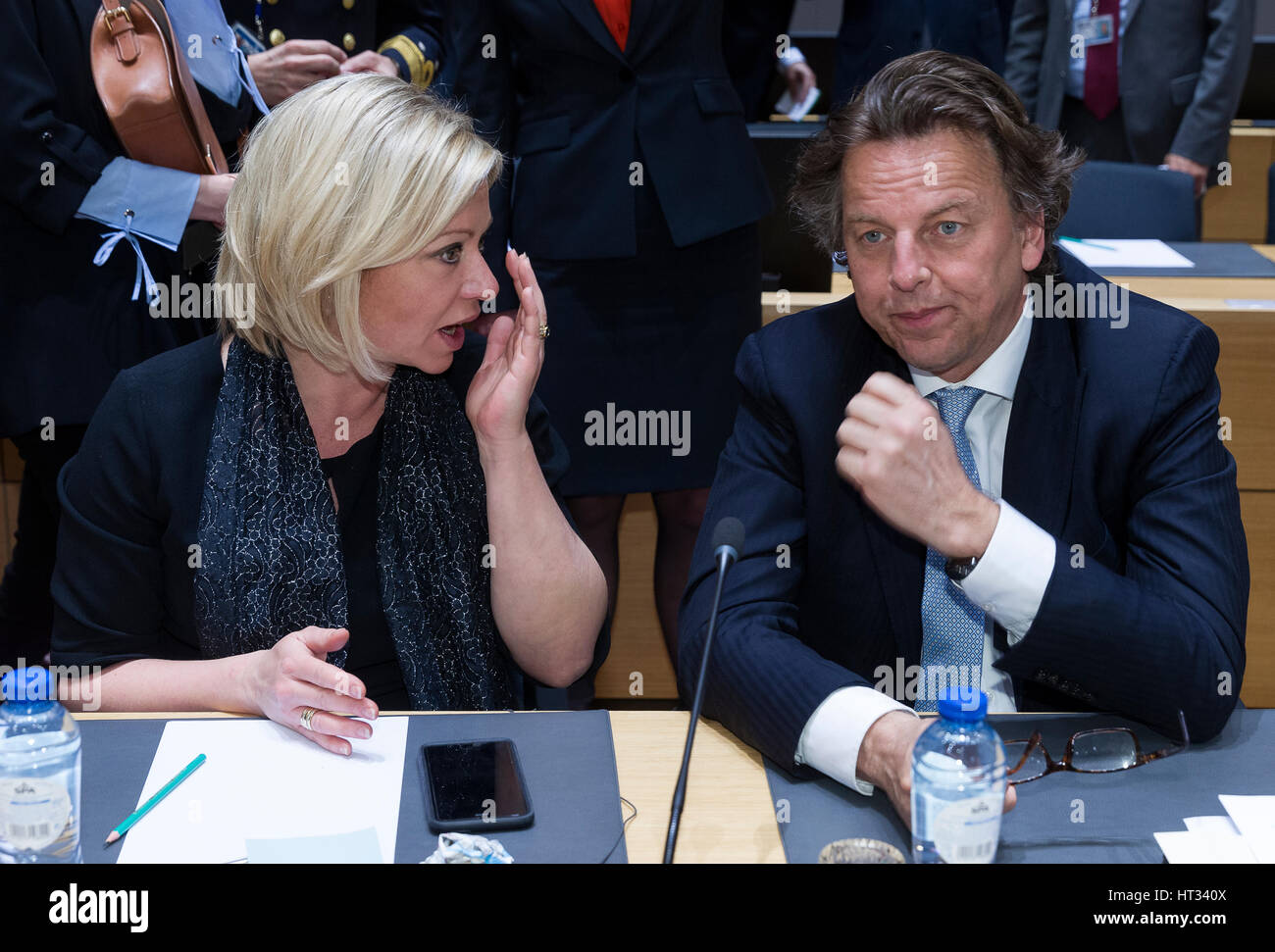 March 6, 2017 - Brussels, Belgium: Netherland Minister for defense Jeanine Hennis-Plasschaert (L) is talking with the Dutch Minister of Foreign affairs Bert Koenders (R) during an EU Defense and foreign affairs Ministers meeting in the Europa building, the EU Council headquarter. - NO WIRE SERVICE- Photo: Thierry Monasse/dpa Photo: Thierry Monasse/dpa Stock Photo