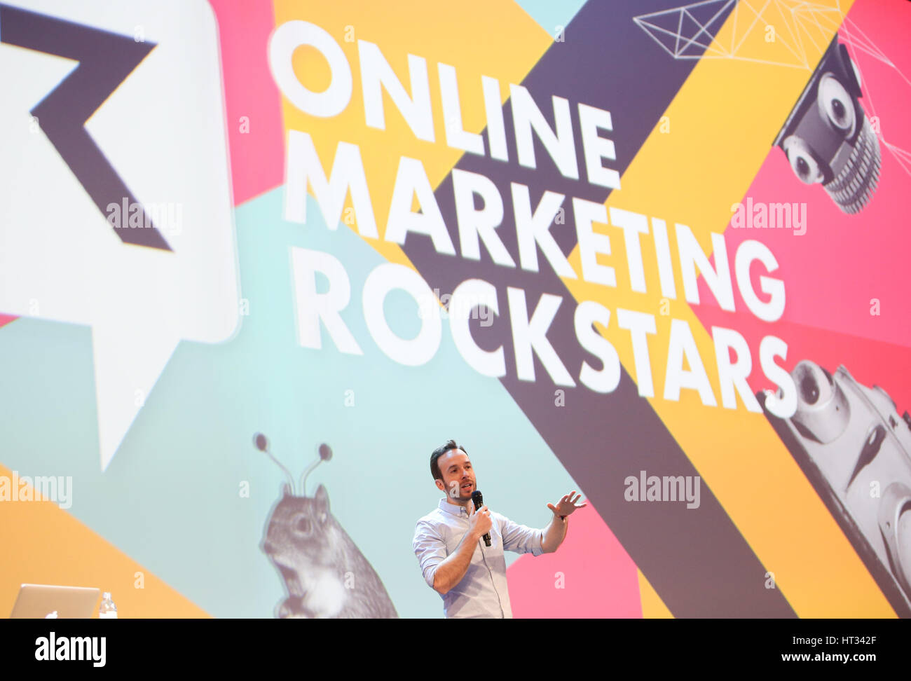 Philipp Westermeyer, organiser of the 'Online Marketing Rockstars (OMR)' fair, speaks at the fair grounds in Hamburg, Germany, 3 March 2017. Photo: Christian Charisius/dpa Stock Photo