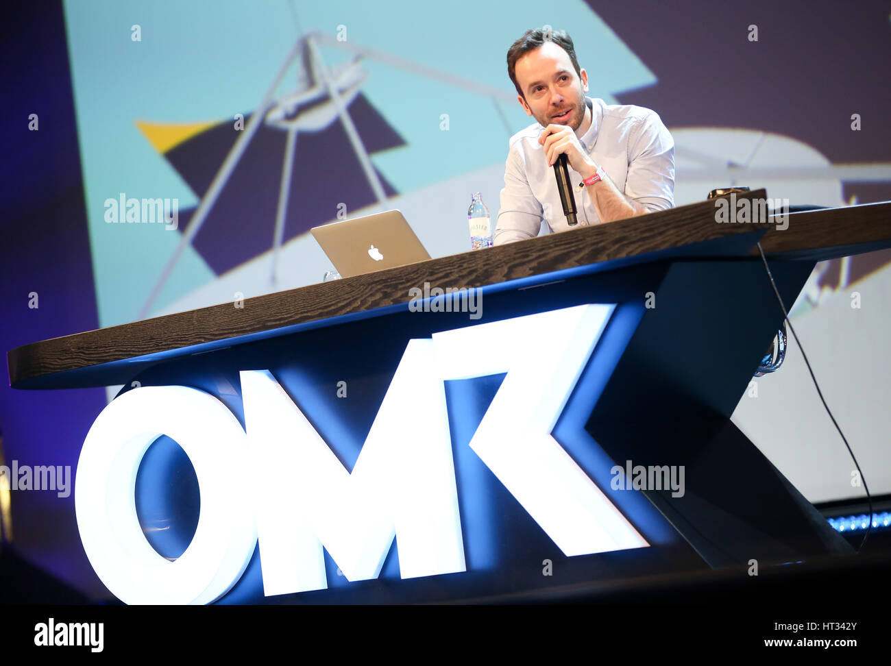 Philipp Westermeyer, organiser of the 'Online Marketing Rockstars (OMR)' fair, speaks at the fair grounds in Hamburg, Germany, 3 March 2017. Photo: Christian Charisius/dpa Stock Photo