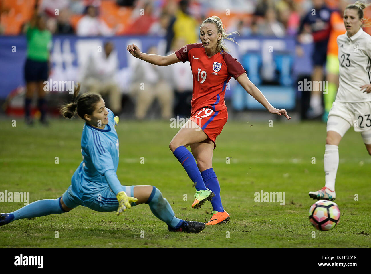 Washington DC, USA. 7th Mar, 2017. German Women's National Team Goalkeeper #21 Lisa WeiB comes out to stop the ball before English Women's National Team Forward #19 Toni Duggan is called offsides during a soccer match as part of the SheBelieve Cup 2017 between Germany and England at RFK Stadium in Washington DC. Germany defeats England, 1-0. Justin Cooper/CSM/Alamy Live News Stock Photo