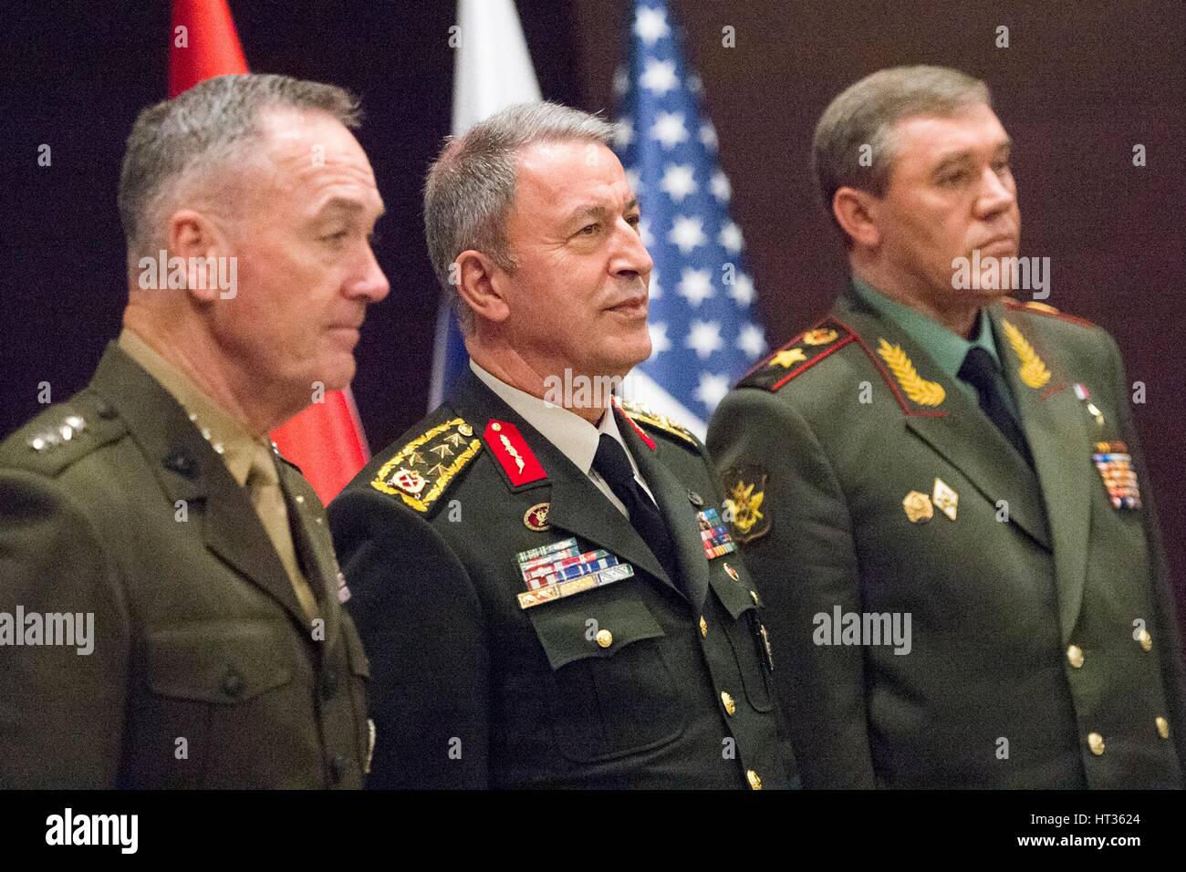 Antalya, Turkey. 7th Mar, 2017. U.S. Joint Chiefs Chairman Gen. Joseph Dunford, left, with Turkish Gen. Hulusi Akar and Russian Gen. Valery Gerasimov, right, during meetings March 7, 2017 in Antalya, Turkey. The three chiefs of defense are meeting to discuss operations in Syria. Credit: Planetpix/Alamy Live News Stock Photo