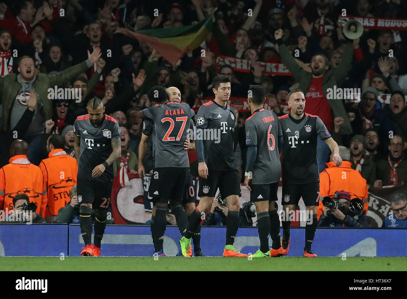 London, UK. 7th Mar, 2017. Arjen Robben (3rd L) of Bayern Munich celebrates scoring with teammates during the UEFA Champions League Round of 16 second leg match between Arsenal and Bayern Munich in London, Britain on March 7, 2017. Bayern Munich won 5-1 and advanced to the quarterfinal with 10-2 on aggregate. Credit: Tim Ireland/Xinhua/Alamy Live News Stock Photo