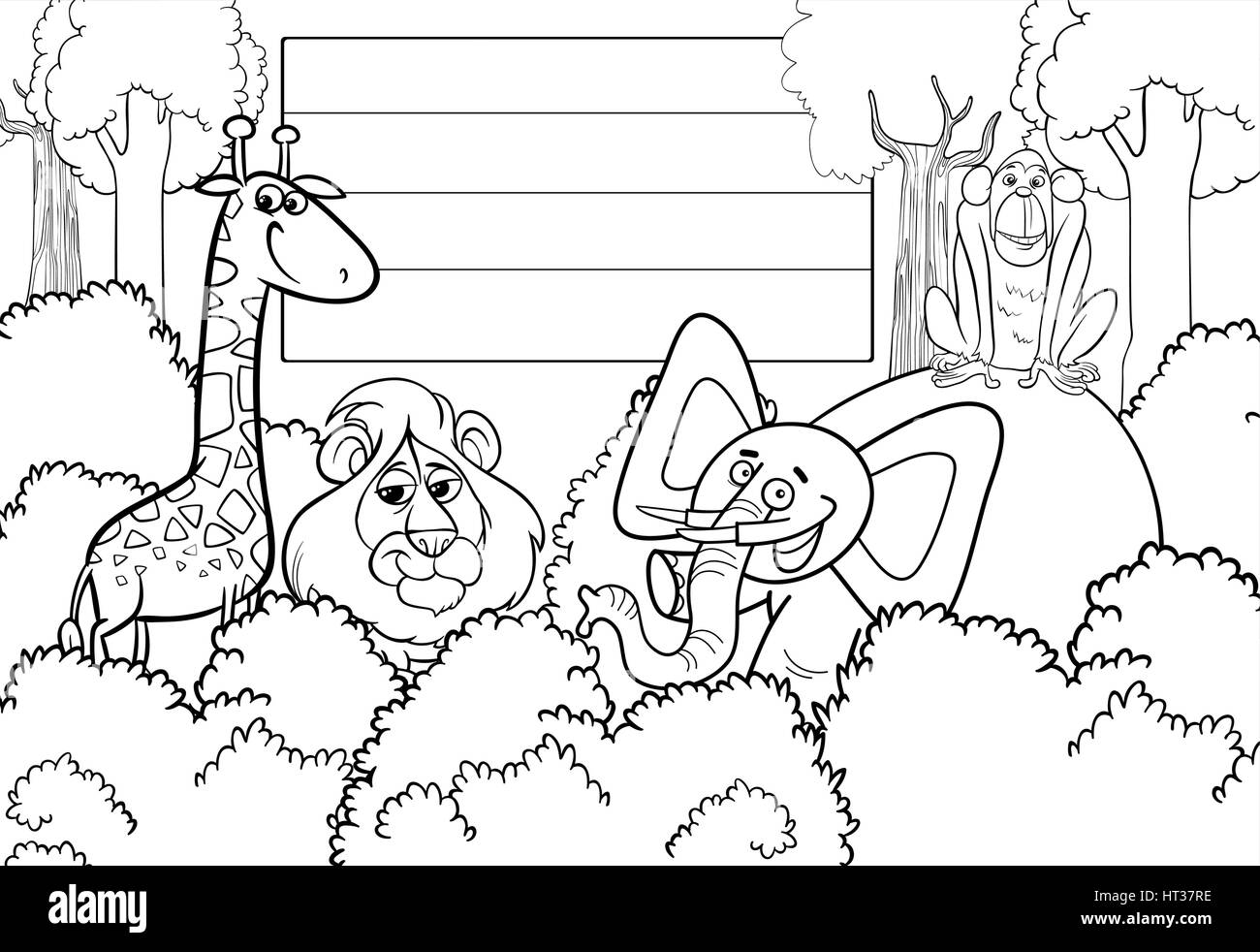 Black and White Cartoon Illustration of Wild Animal Characters with ...