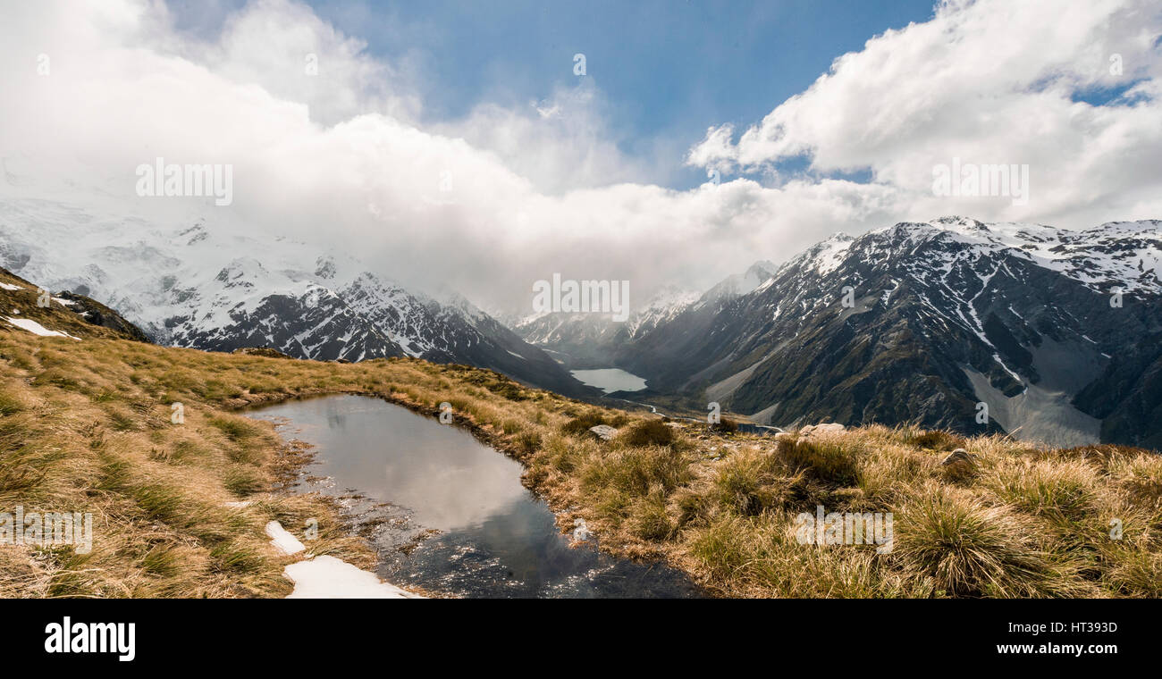 View on Hooker Valley, mountain lake Sealy Tarns, Mount Cook National Park, Canterbury Region, Southland, New Zealand Stock Photo
