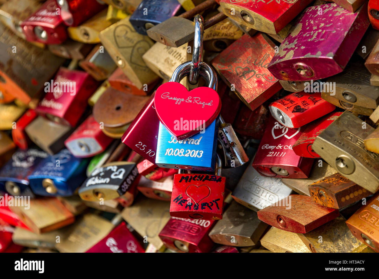 Love locks, padlocks, Hohenzollern Bridge, Cologne, North Rhine-Westphalia, Germany Stock Photo