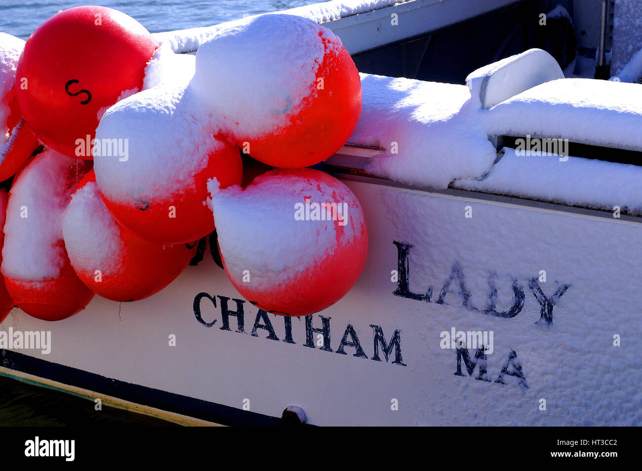 Stern Cod Buoys on the stern of a tuna fishing boat in Allen's Harbor on Cape Cod ...