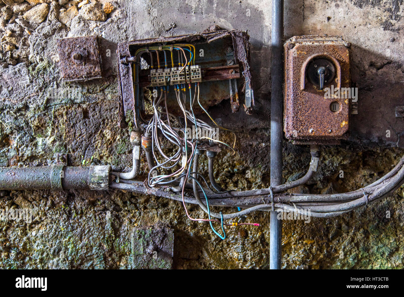 Electrical equipment, switch, destroyed, broken, Rusty metal surface, structures, Stock Photo