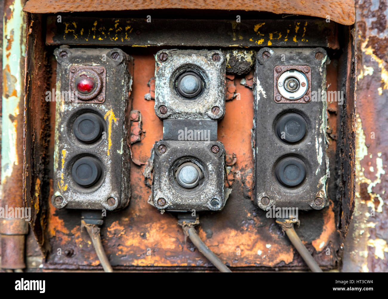 Electrical equipment, switch, destroyed, broken, Rusty metal surface, structures, Stock Photo